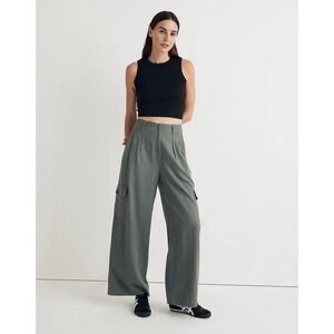 Madewell Wide-Leg Cargo Pants Green Linen-Blend Pleated Women Size 0